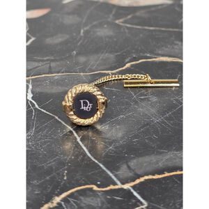 Rare Christian Dior Vintage Gold Tone Rope Twist Black Enamel Logo Tie Tack Pin